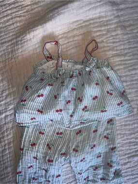 btween White Striped Cherry Print Tank and Pants Set - Red/Green